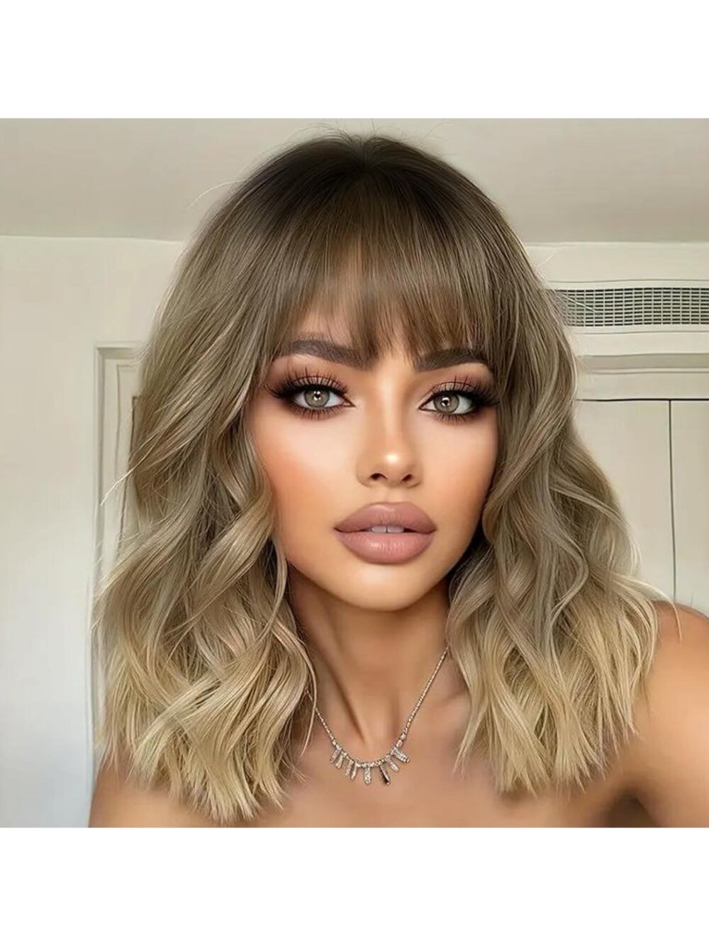 Woman's Ombre blonde Curly Bob Wig with Bangs Short Wavy Synthetic Hair Wig